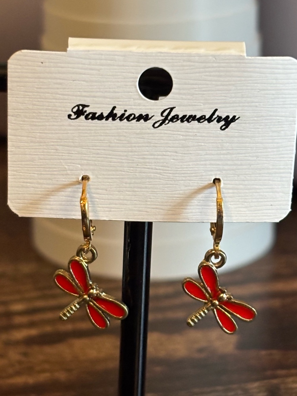 Red Dragonfly Drop‎ Earrings in Gold Tone